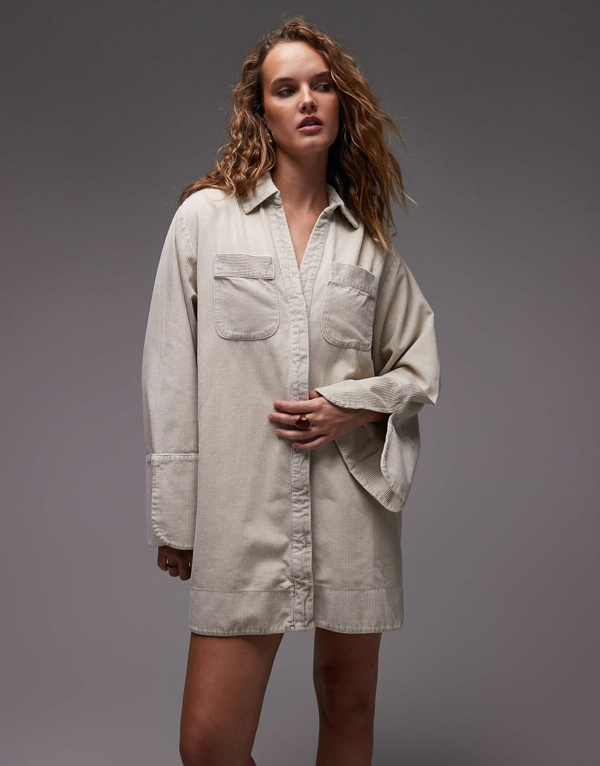ASOS DESIGN cord mini shirt dress with wide cuffs and oversized pockets in stone