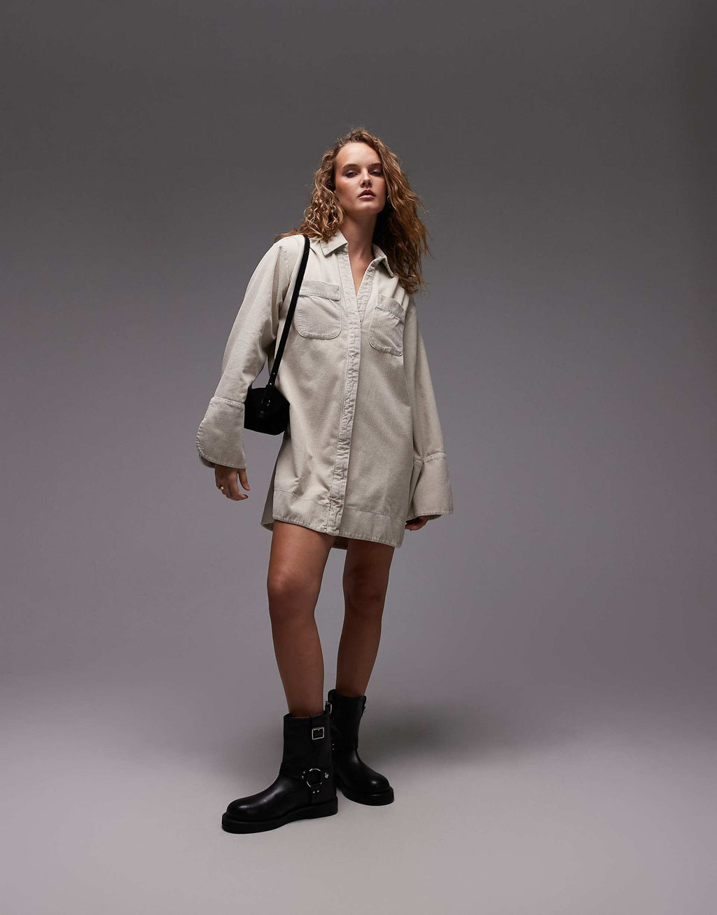ASOS DESIGN cord mini shirt dress with wide cuffs and oversized pockets in stone
