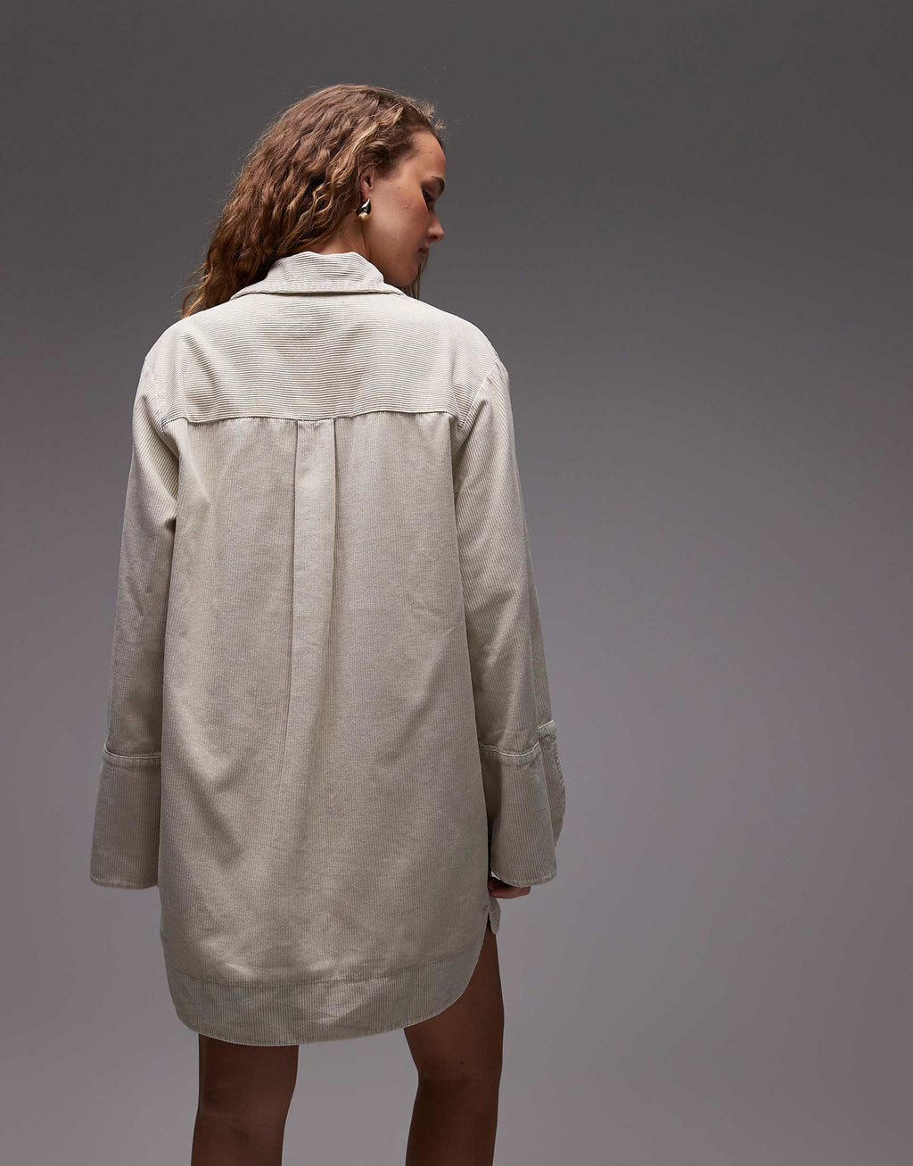ASOS DESIGN cord mini shirt dress with wide cuffs and oversized pockets in stone