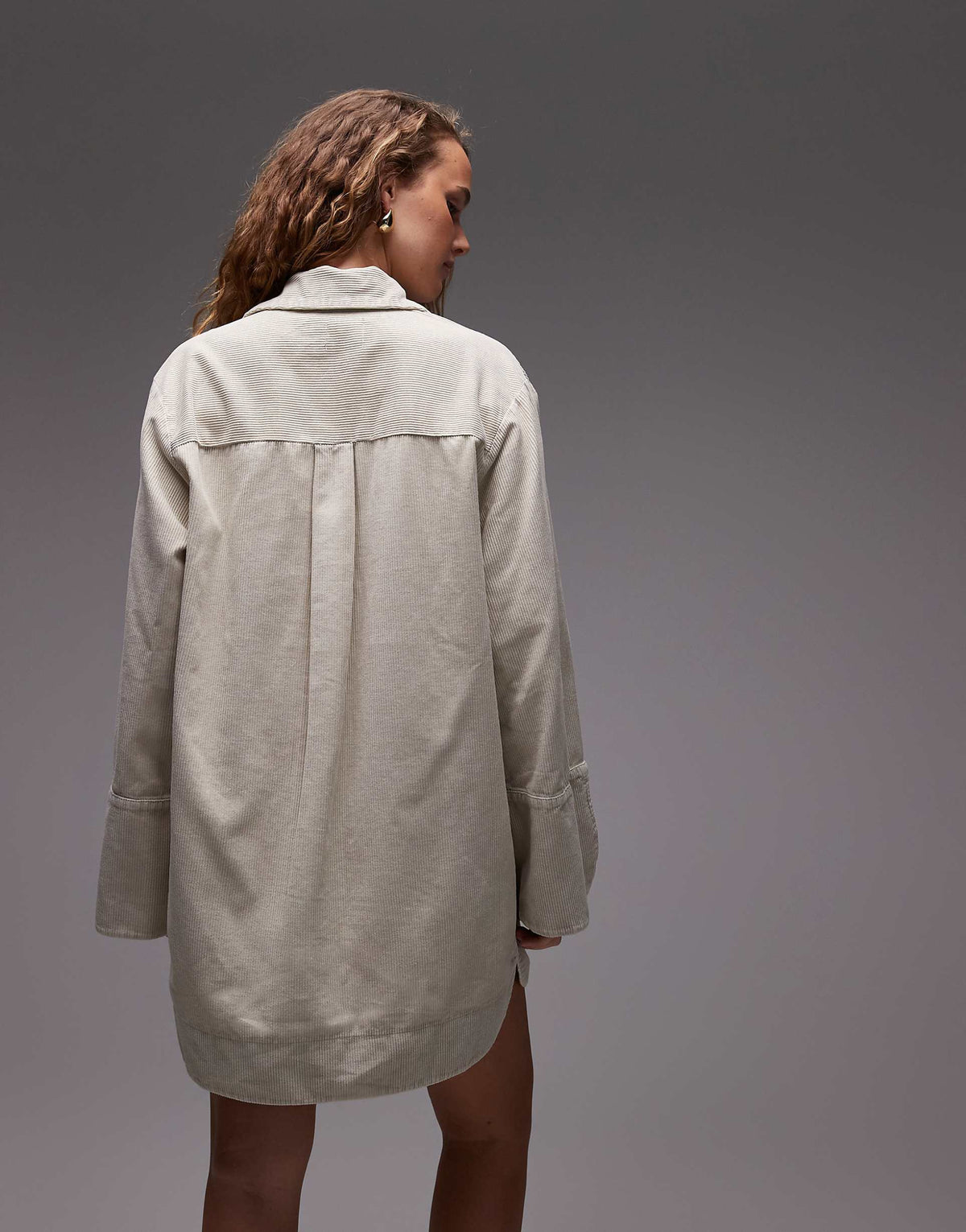ASOS DESIGN cord mini shirt dress with wide cuffs and oversized pockets in stone