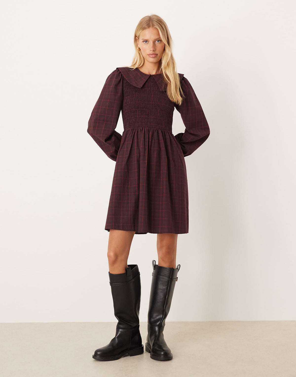 YAS collared smock mini dress in burgundy plaid