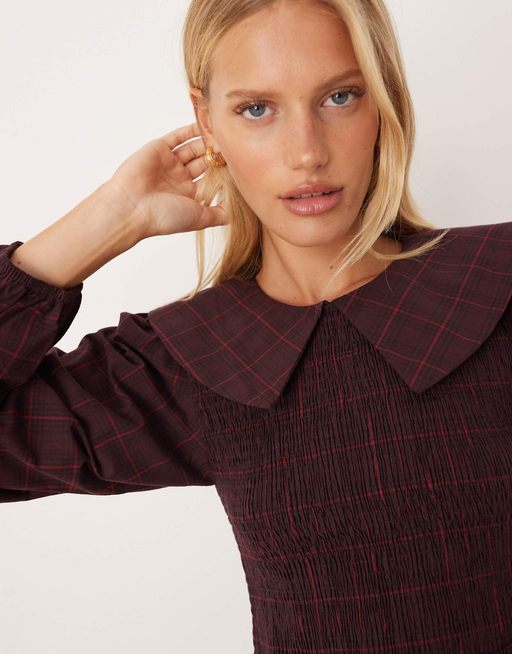 YAS collared smock mini dress in burgundy plaid