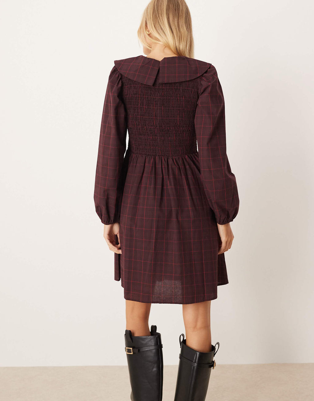 YAS collared smock mini dress in burgundy plaid