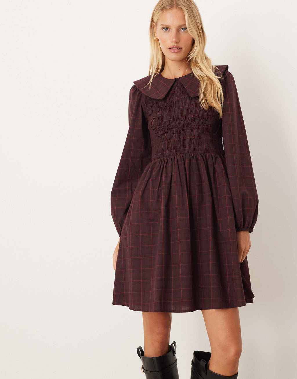YAS collared smock mini dress in burgundy plaid