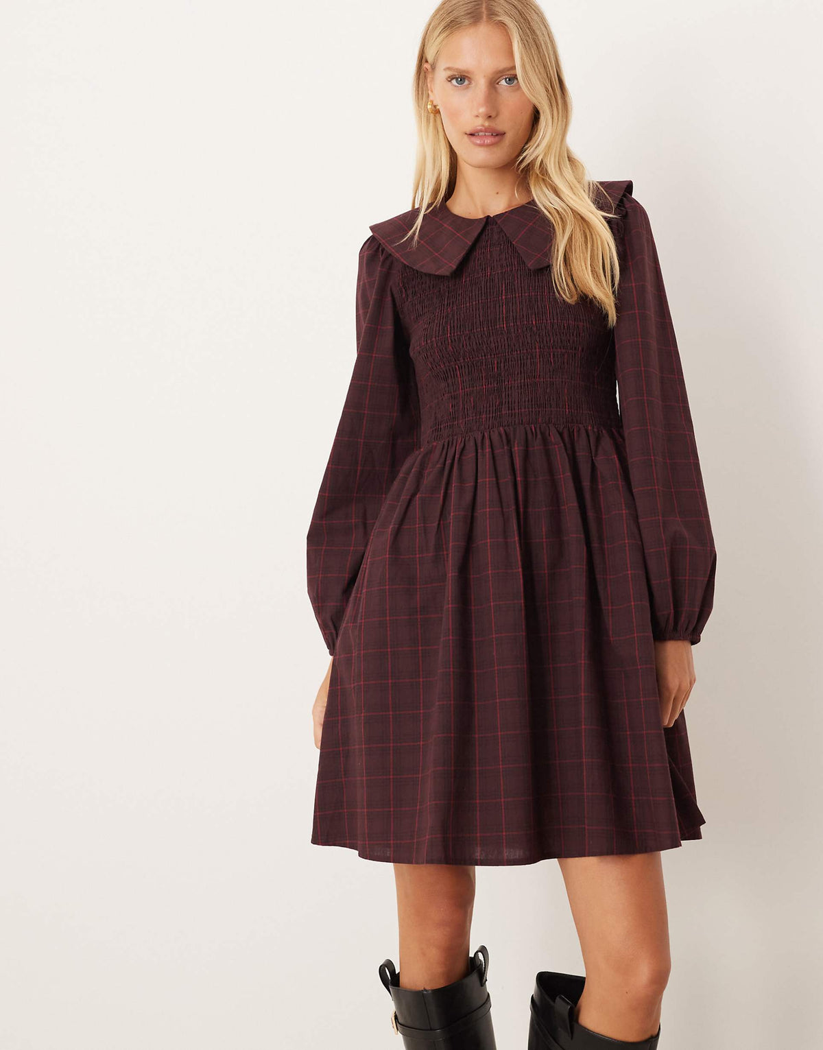 YAS collared smock mini dress in burgundy plaid