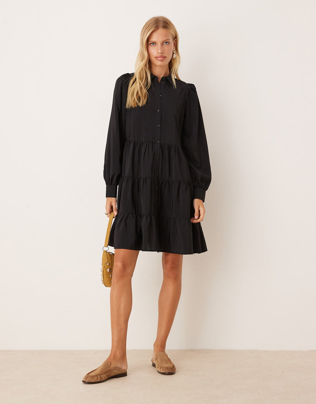 YAS long sleeve tiered mini shirt dress in black