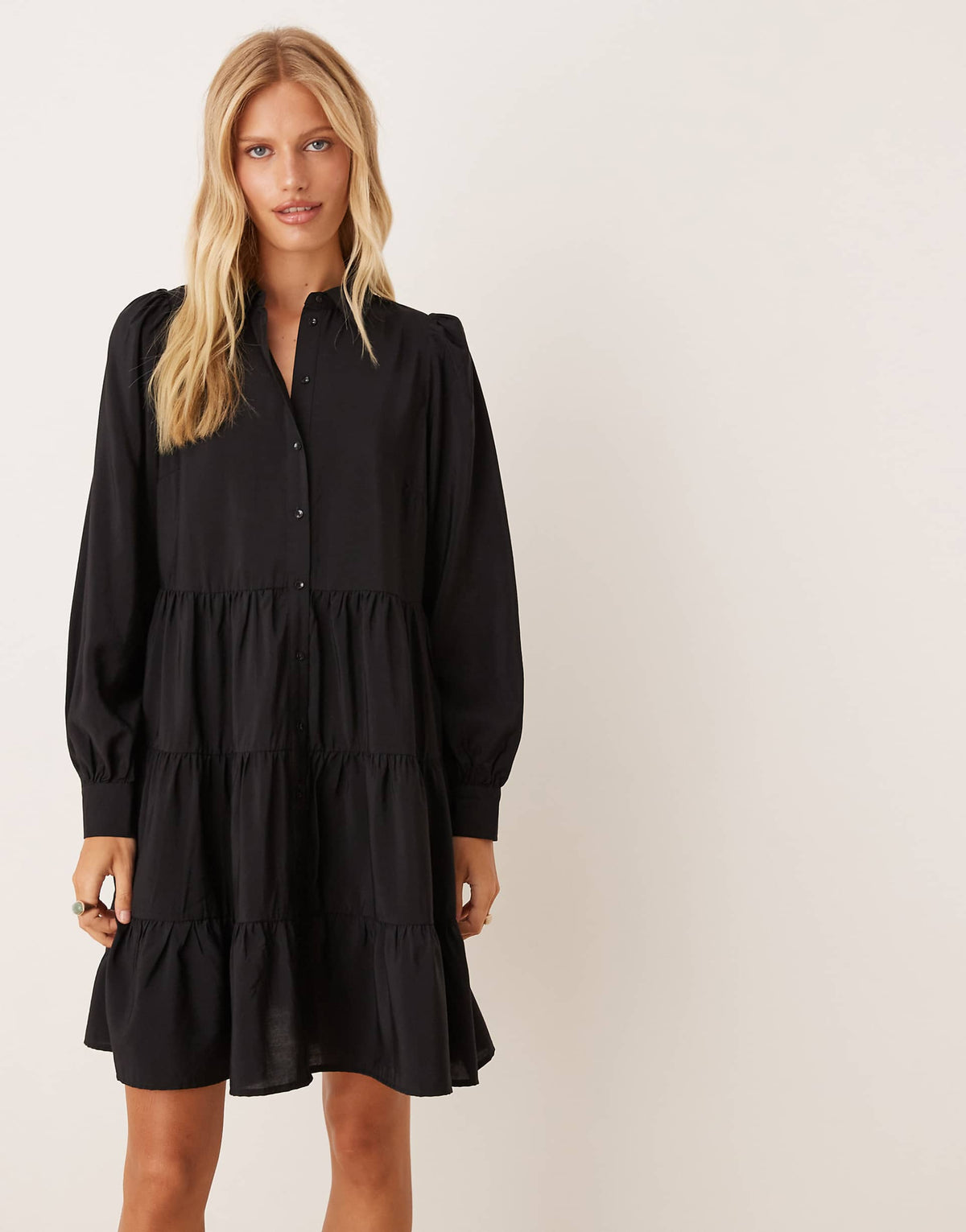 YAS long sleeve tiered mini shirt dress in black