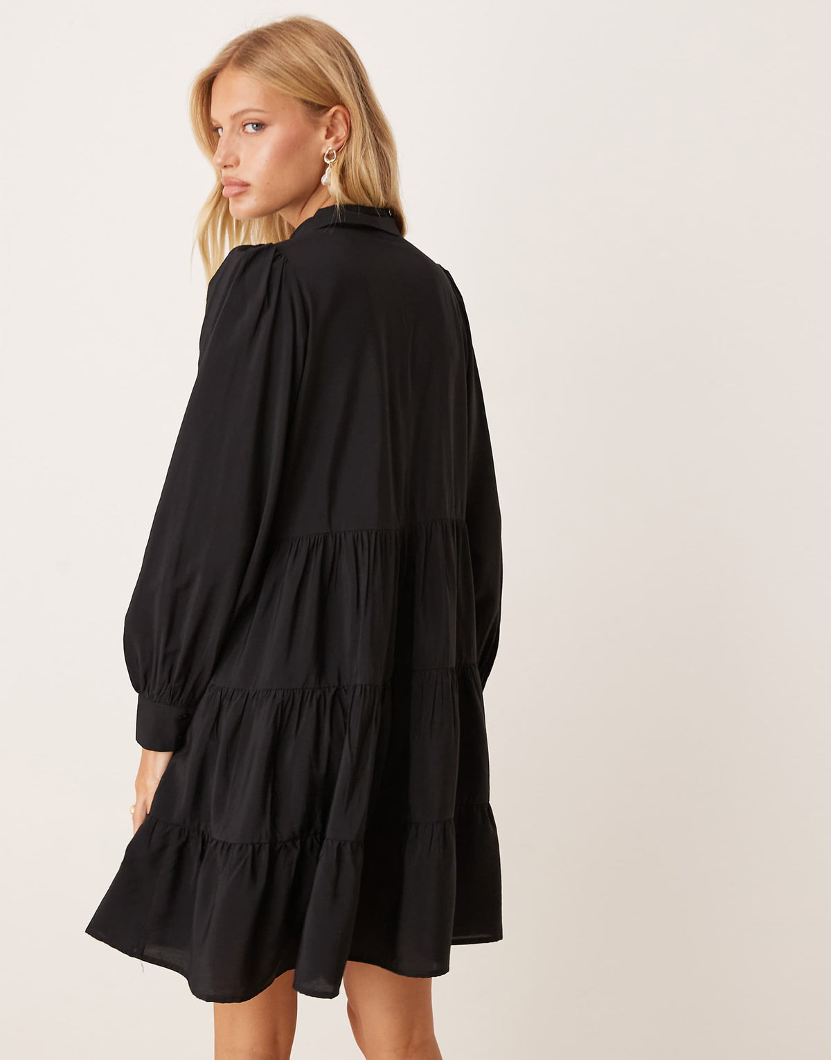 YAS long sleeve tiered mini shirt dress in black