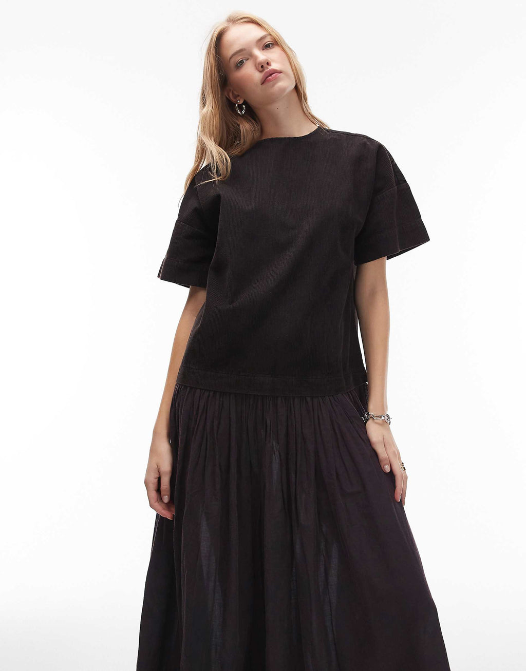 ASOS DESIGN cord hybrid T-shirt midi dress in washed black