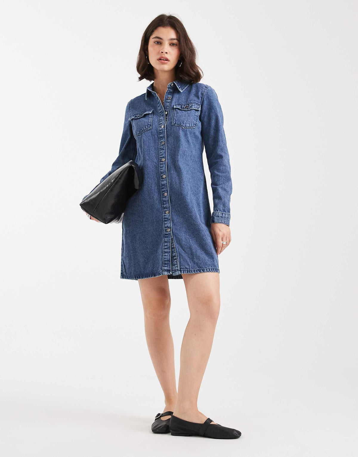 Vero Moda long sleeve denim shirt dress in medium blue