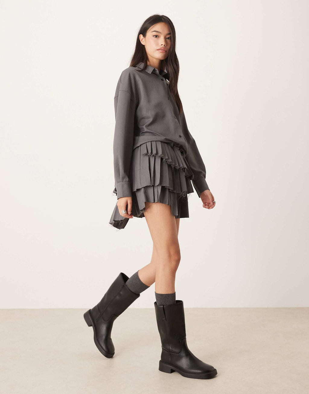 ASOS DESIGN drop waist mini shirt dress with pleated skirt in gray stripe