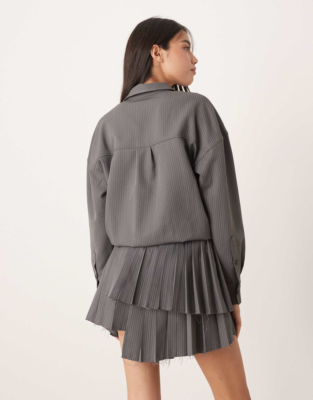 ASOS DESIGN drop waist mini shirt dress with pleated skirt in gray stripe