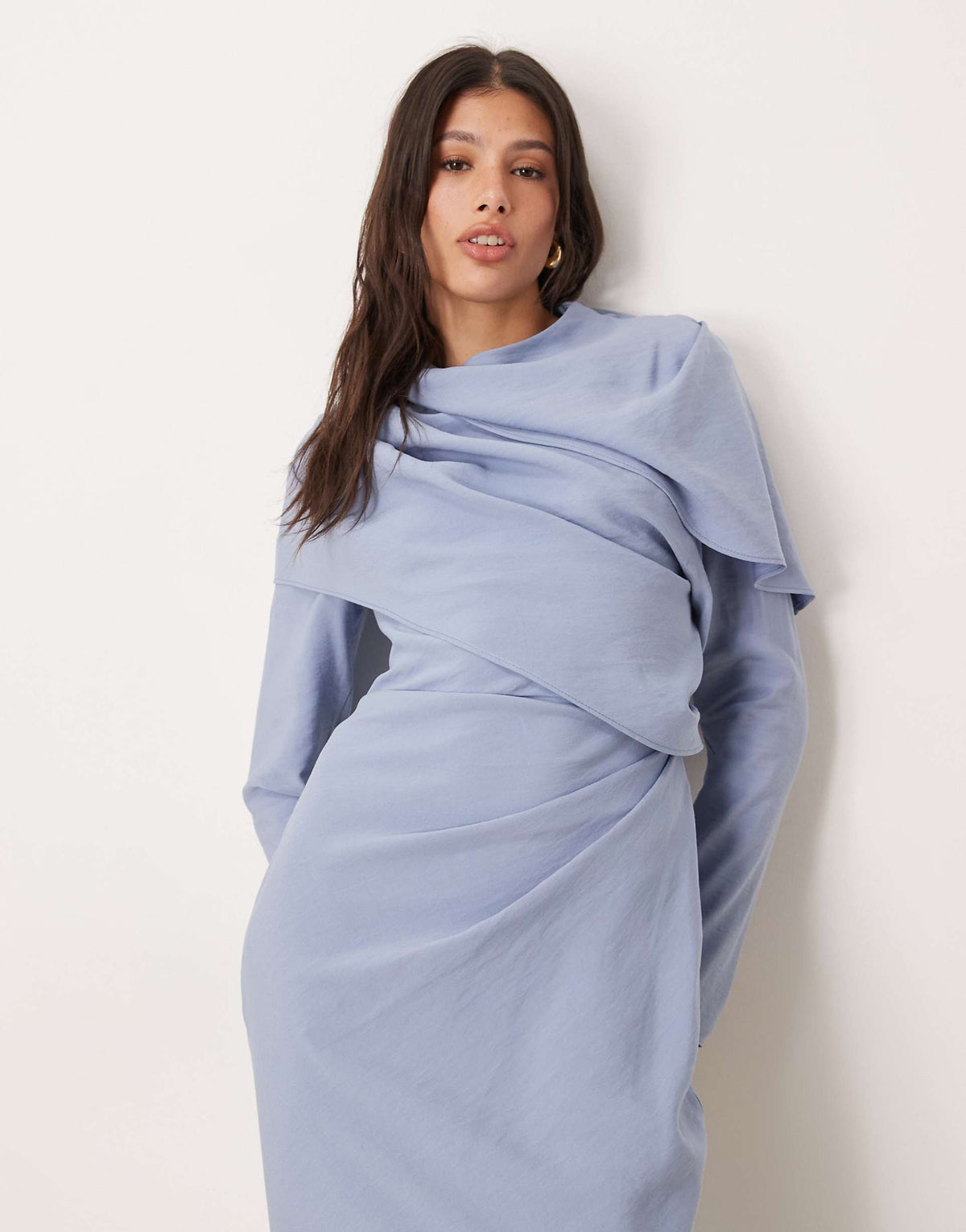 ASOS DESIGN Tall high neck draped bodice maxi dress in mid blue