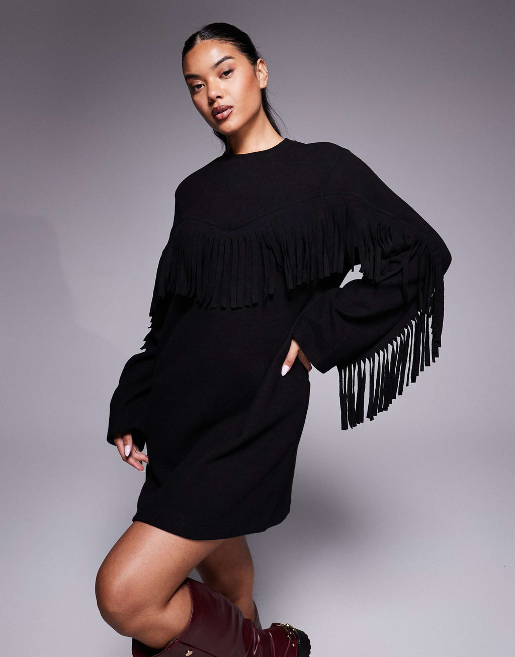 ASOS DESIGN supersoft fringe detail mini dress in black