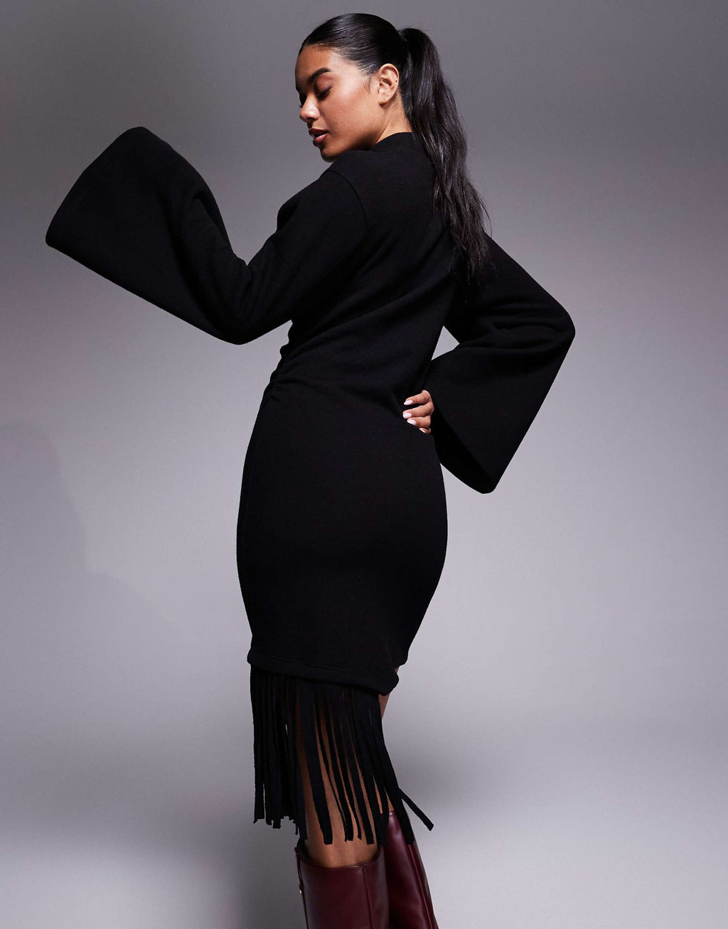 ASOS DESIGN supersoft high neck fringe mini dress in black