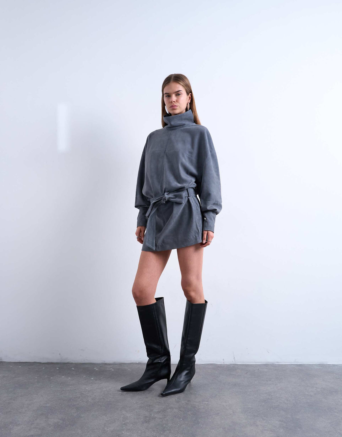 Topshop real suede high neck cinched waist long sleeve mini dress in petrol blue