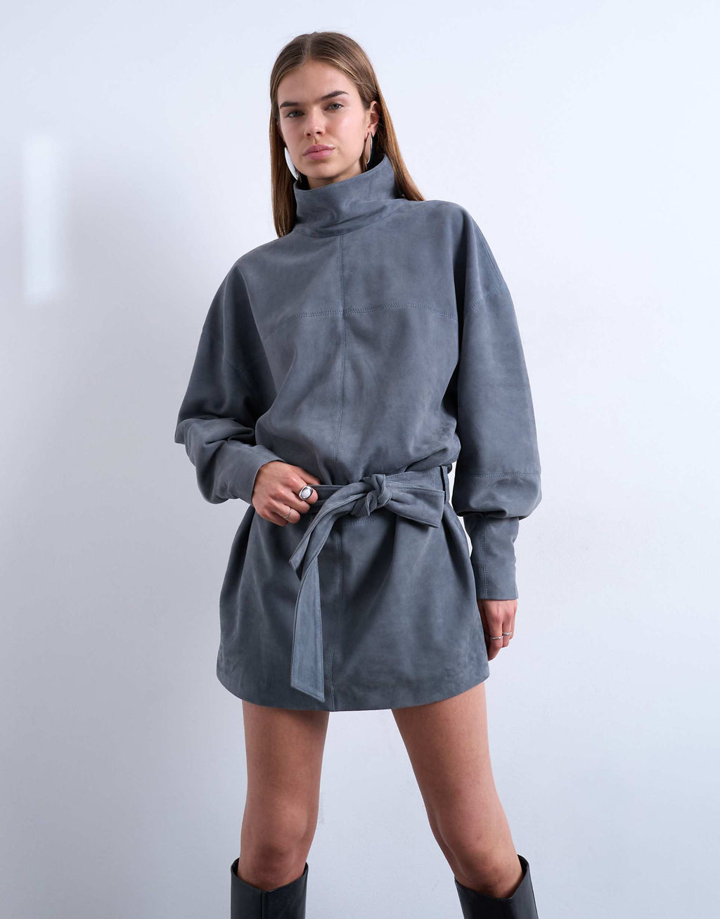 Topshop real suede high neck cinched waist long sleeve mini dress in petrol blue