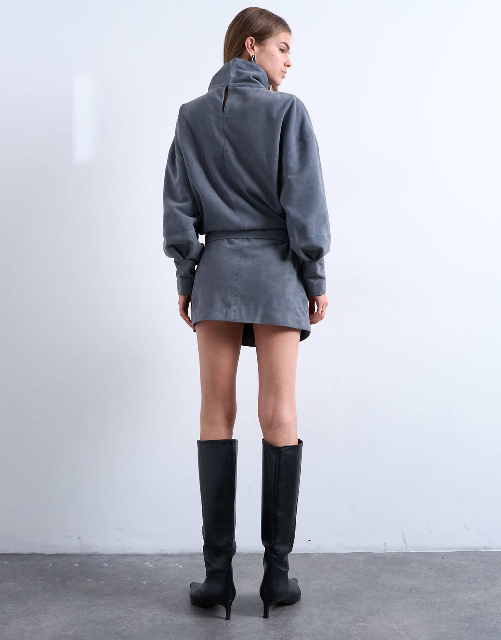 Topshop real suede high neck cinched waist long sleeve mini dress in petrol blue