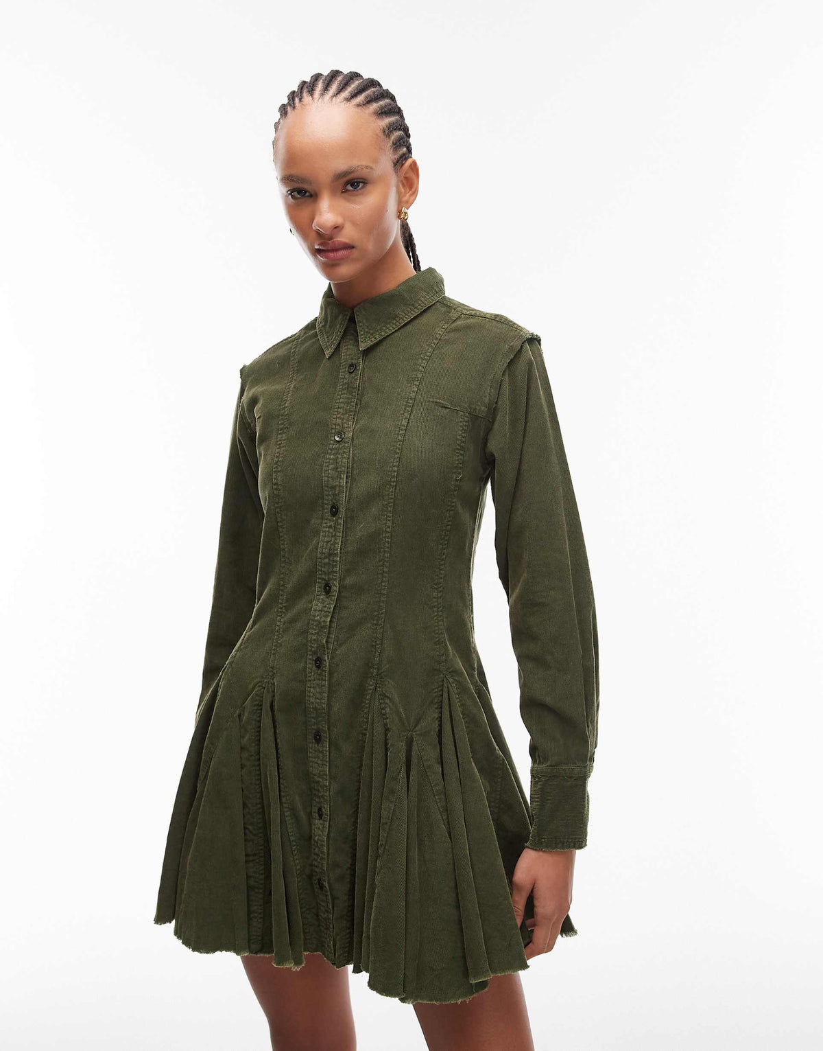 ASOS DESIGN corduroy shirt dress with nipped in waist and godets in washed olive