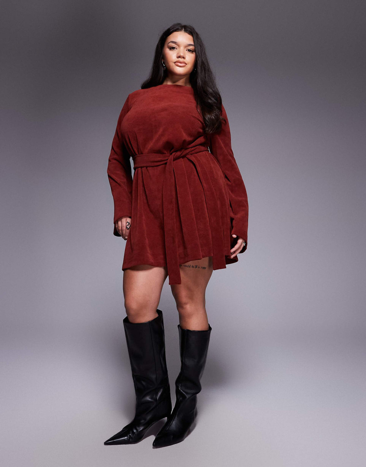ASOS DESIGN Curve fluted sleeve tie waist corduroy mini dress in burgundy