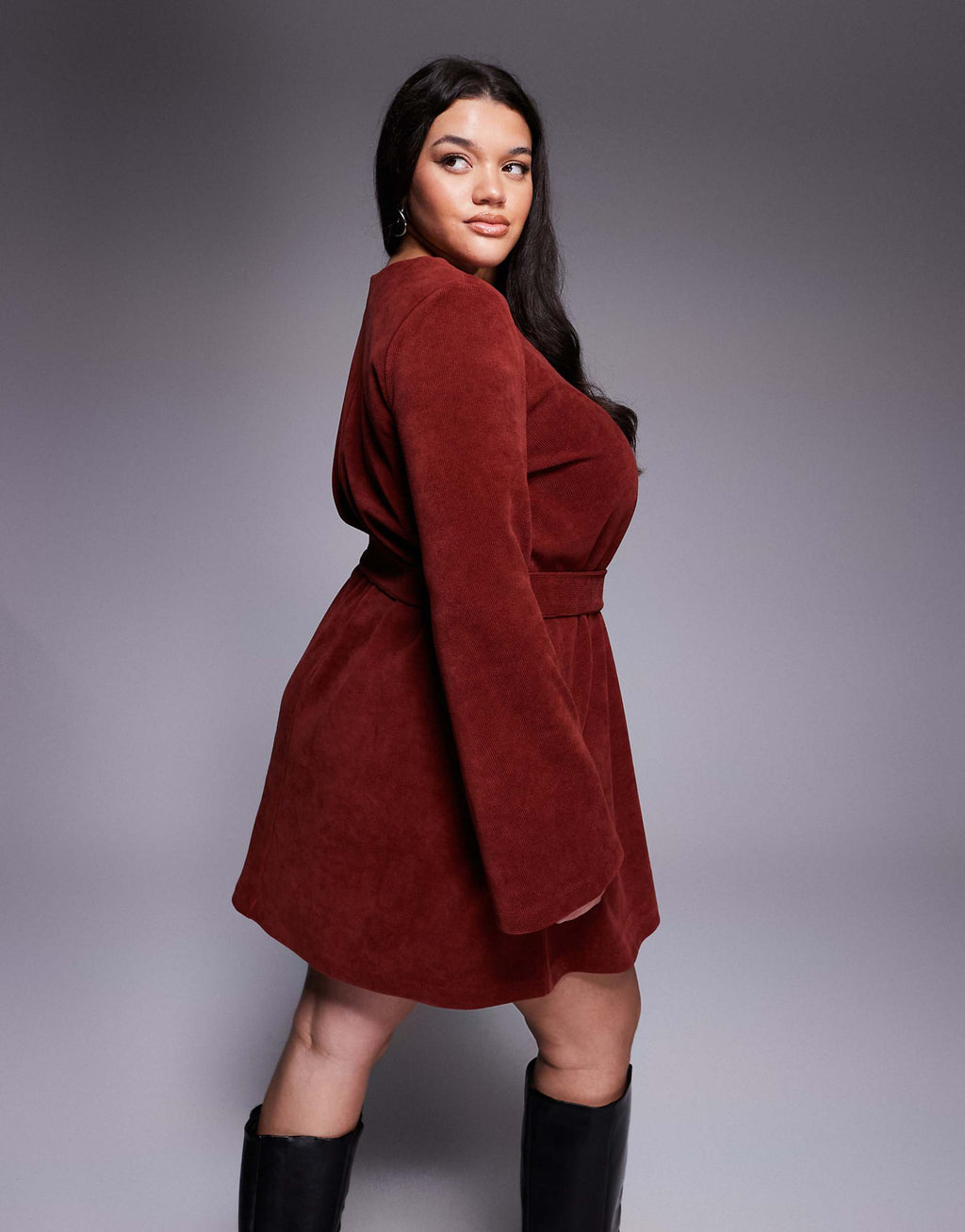 ASOS DESIGN Curve fluted sleeve tie waist corduroy mini dress in burgundy