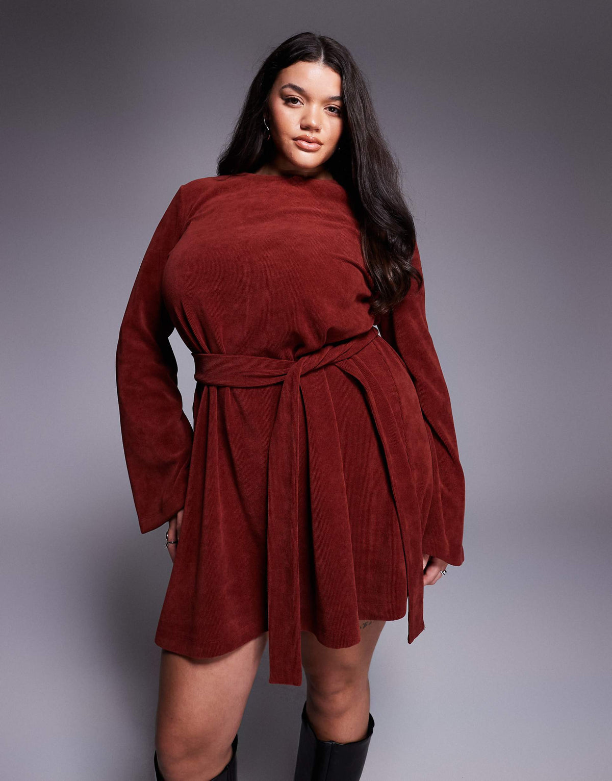ASOS DESIGN Curve fluted sleeve tie waist corduroy mini dress in burgundy