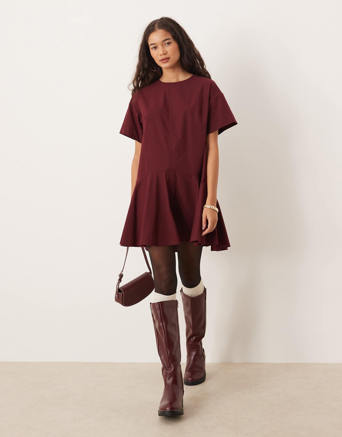 ASOS DESIGN short sleeve smock mini dress in burgundy