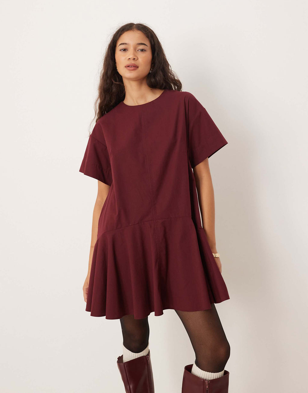 ASOS DESIGN short sleeve smock mini dress in burgundy