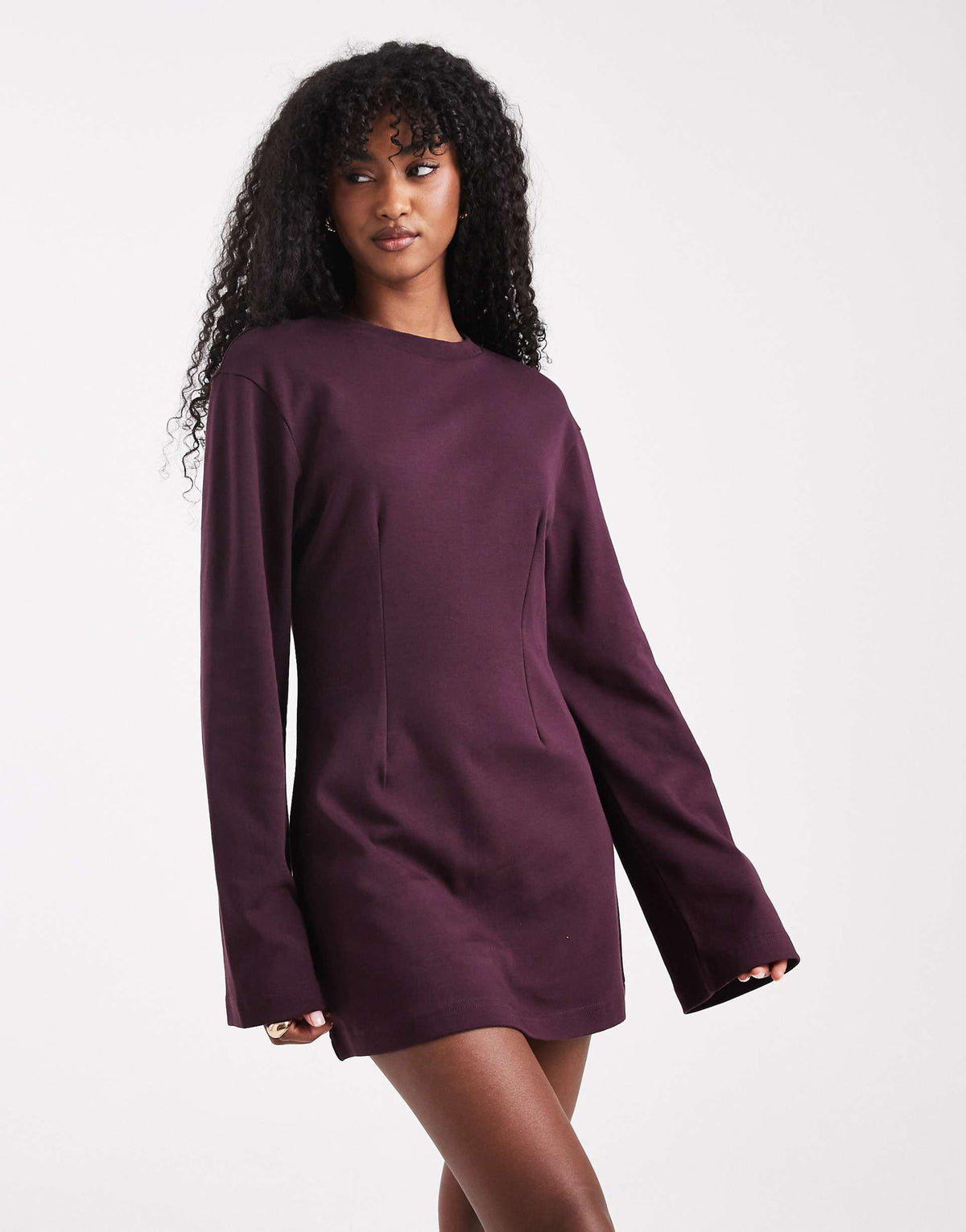 Monki cinched waist long sleeve mini t-shirt dress in plum