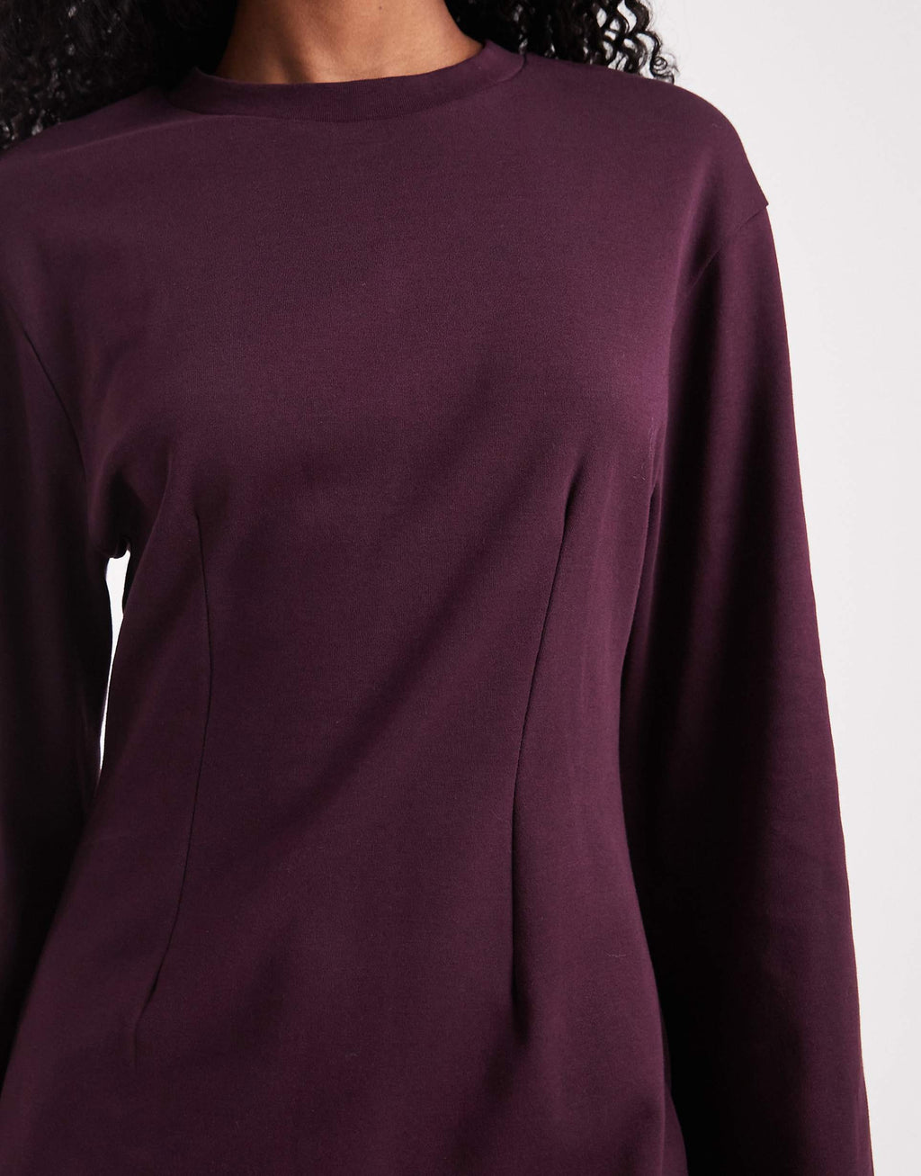 Monki cinched waist long sleeve mini t-shirt dress in plum