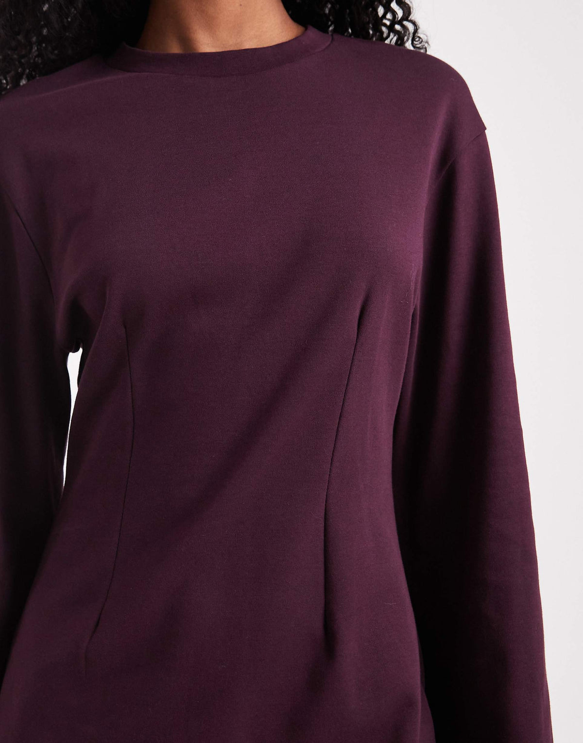 Monki cinched waist long sleeve mini t-shirt dress in plum