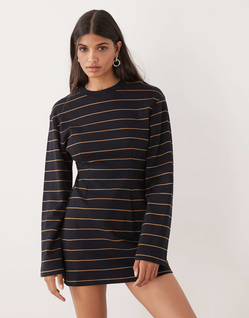 Monki cinched waist long sleeve mini T-shirt dress in black stripe