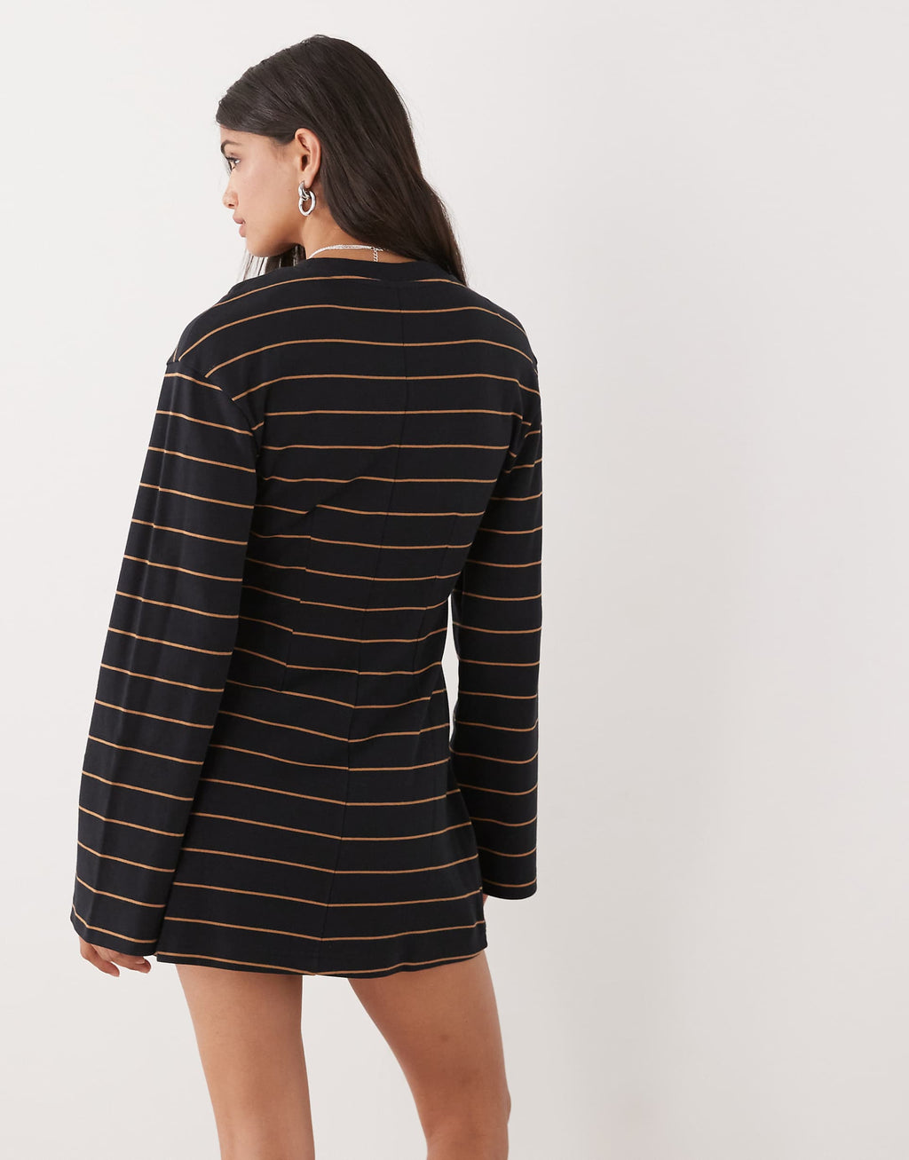 Monki cinched waist long sleeve mini T-shirt dress in black stripe