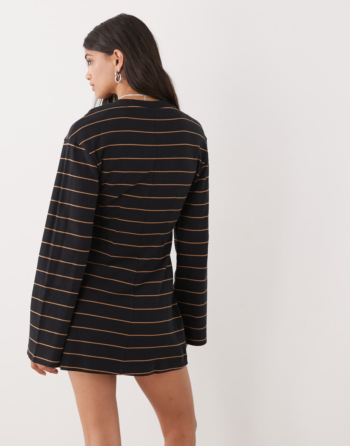 Monki cinched waist long sleeve mini T-shirt dress in black stripe