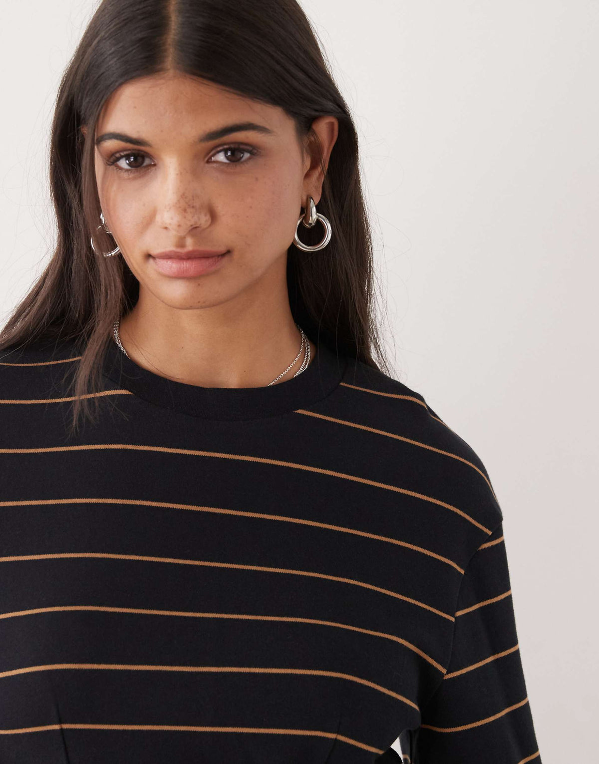 Monki cinched waist long sleeve mini T-shirt dress in black stripe