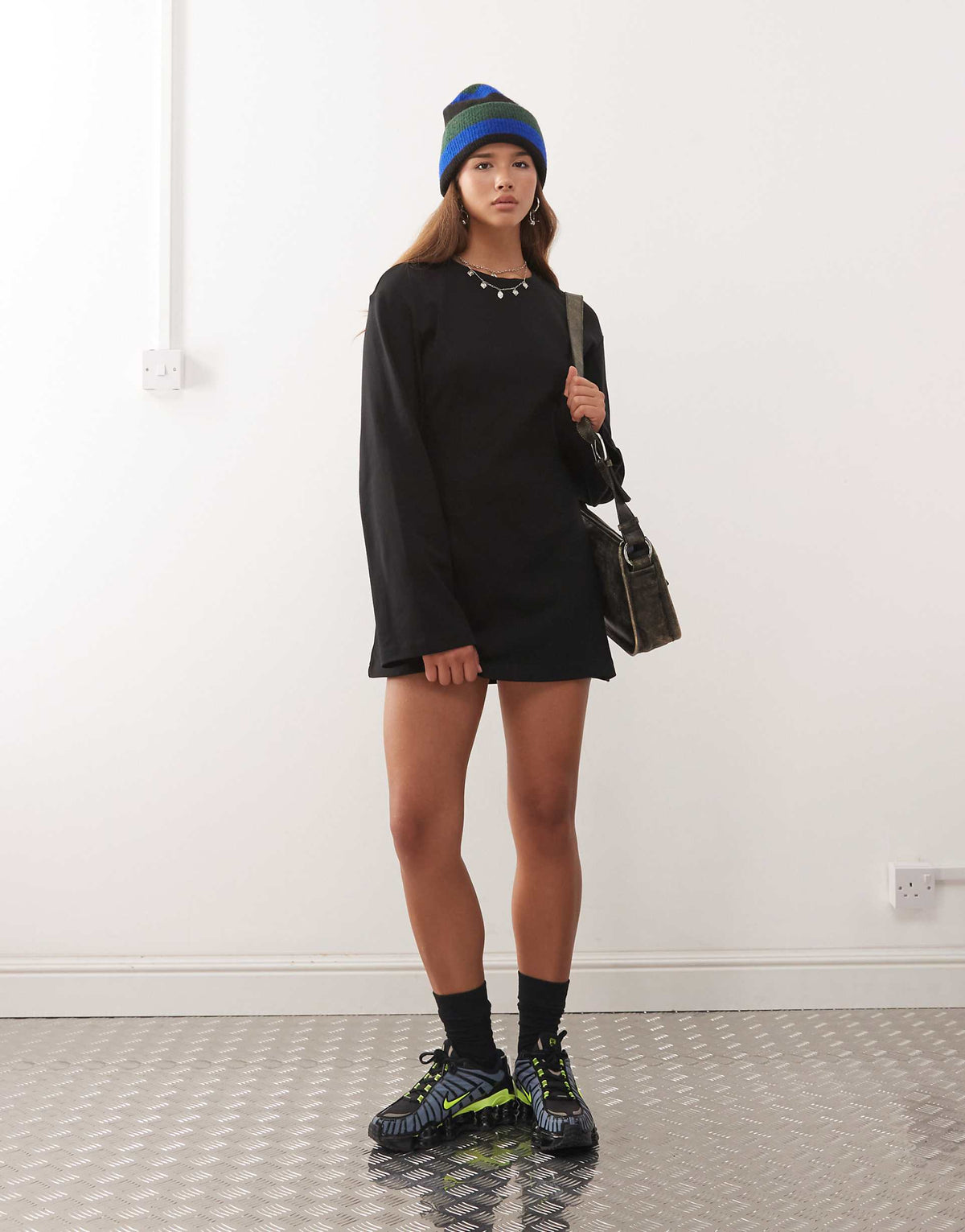 Monki cinched waist long sleeve mini T-shirt dress in black