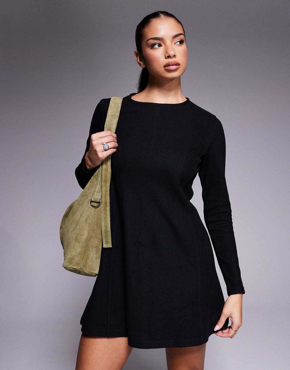 ASOS DESIGN supersoft long sleeve fit and flare mini dress in black