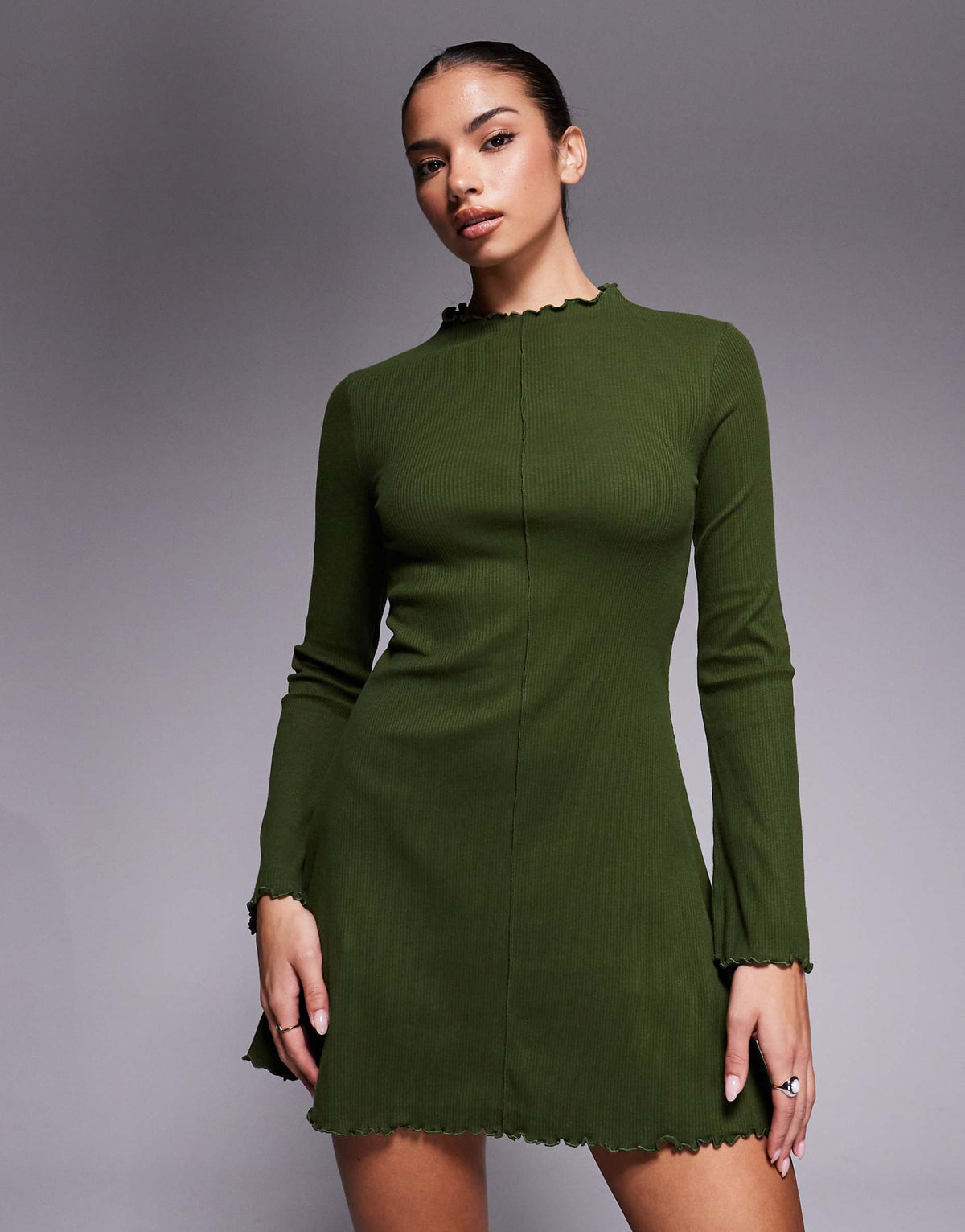ASOS DESIGN ribbed long sleeve lettuce hem mini dress in khaki green