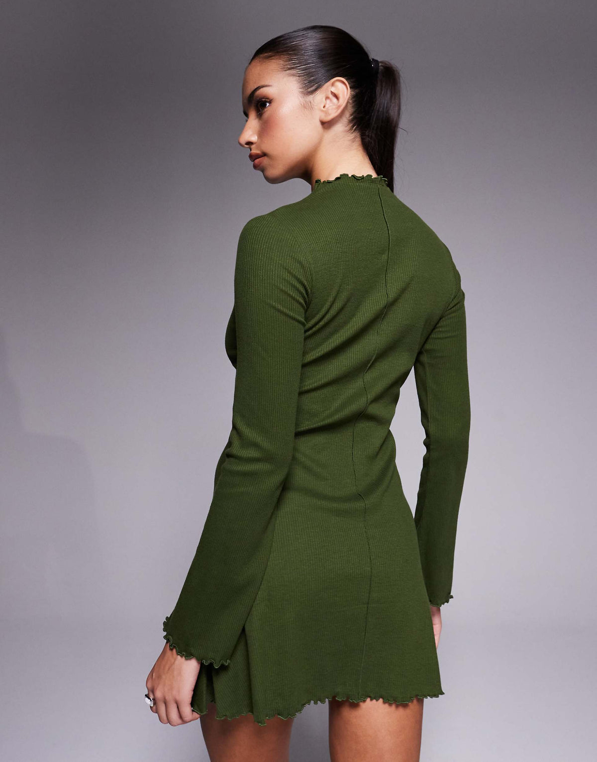 ASOS DESIGN ribbed long sleeve lettuce hem mini dress in khaki green