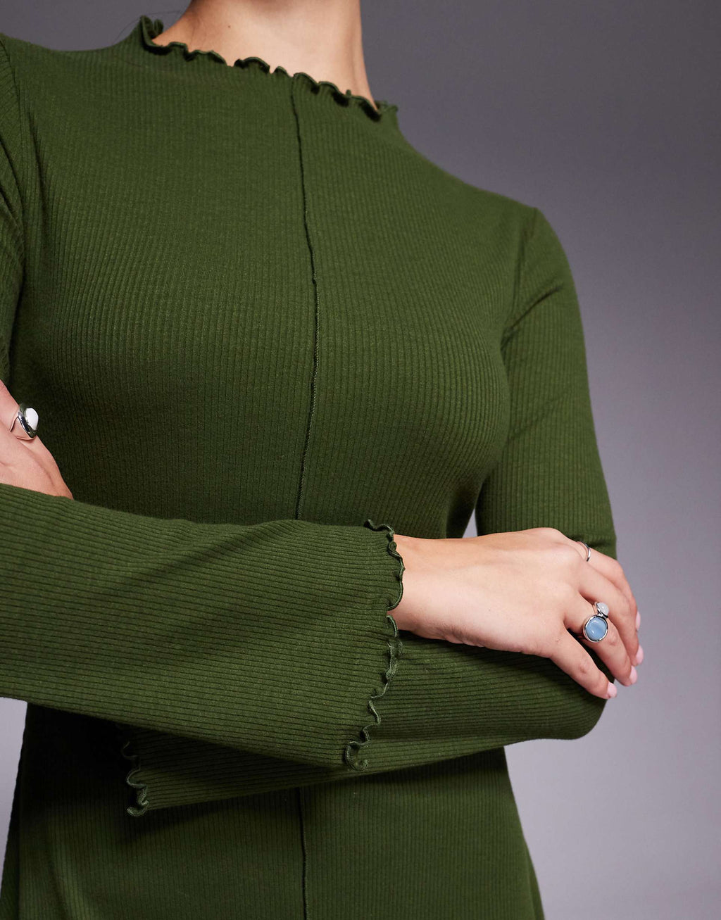 ASOS DESIGN ribbed long sleeve lettuce hem mini dress in khaki green