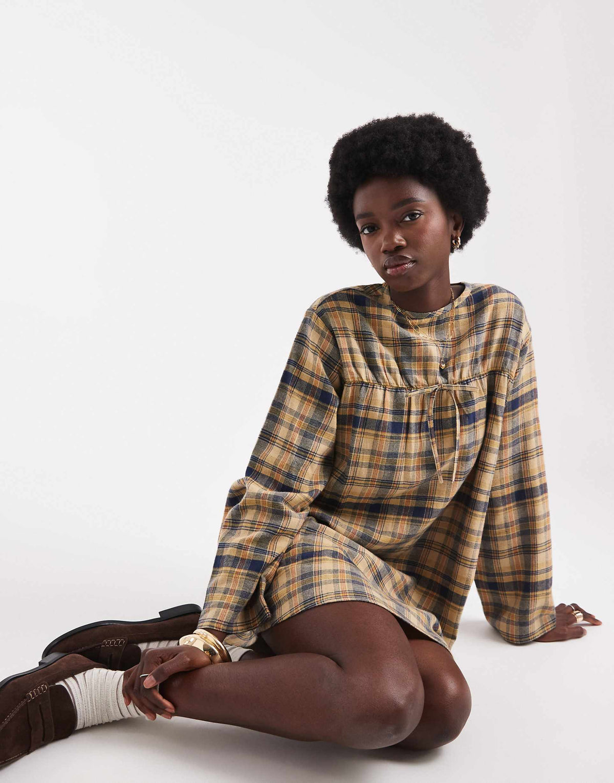 Native Youth long sleeve dress in yellow plaid