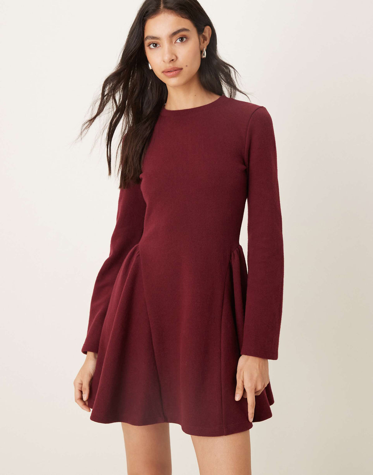 ASOS DESIGN supersoft long sleeve godet mini dress in burgundy