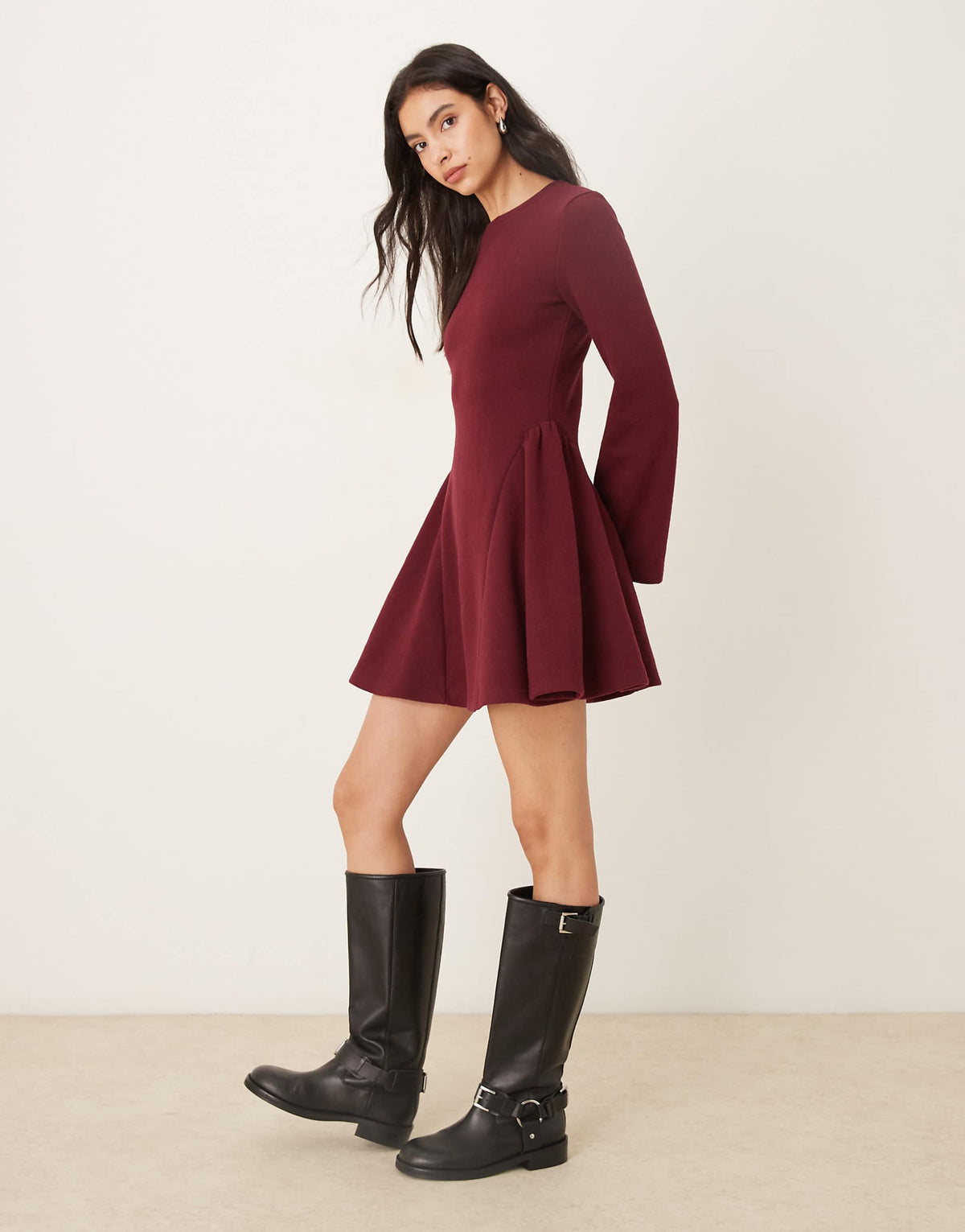 ASOS DESIGN supersoft long sleeve godet mini dress in burgundy