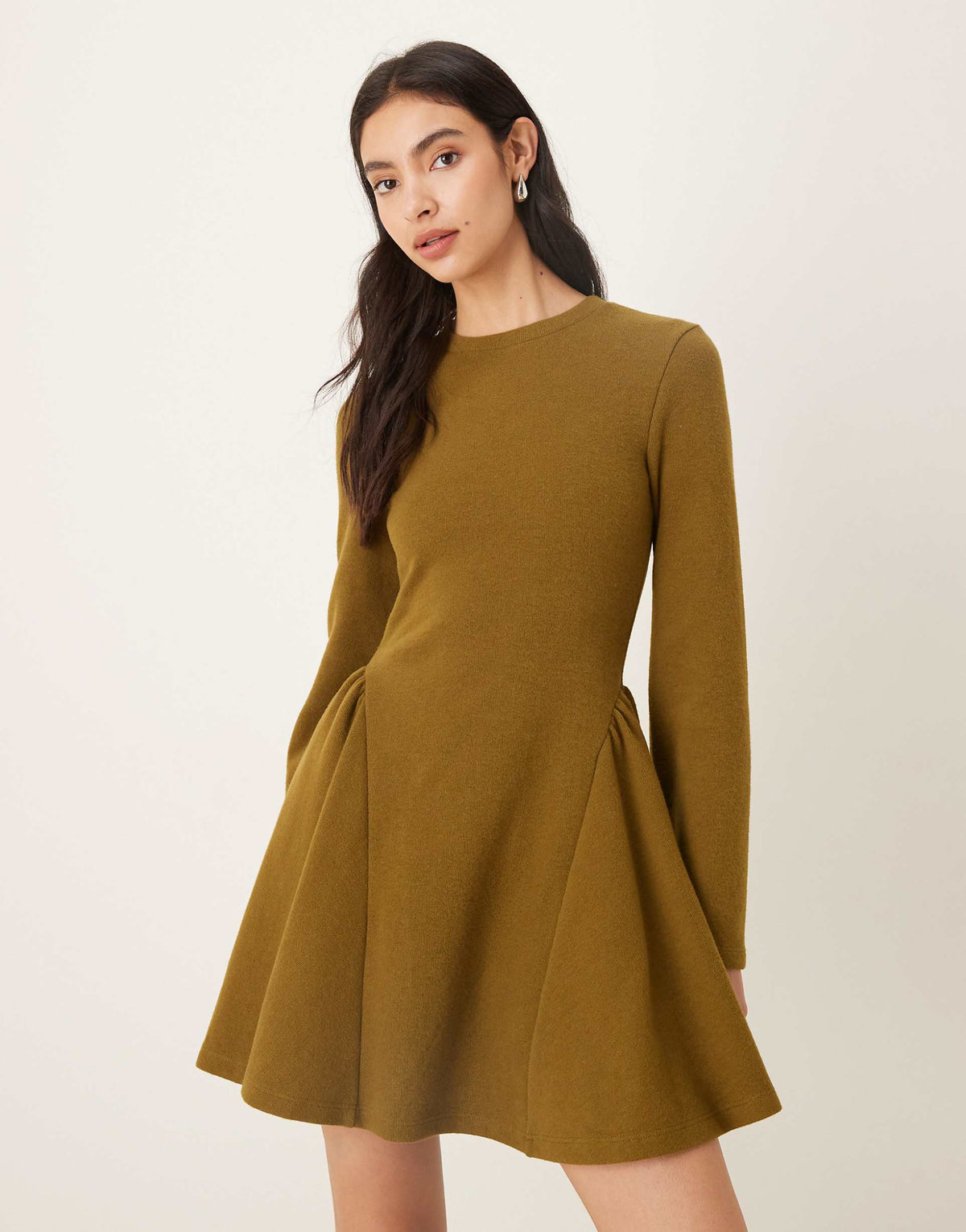 ASOS DESIGN supersoft long sleeve godet mini dress in khaki green