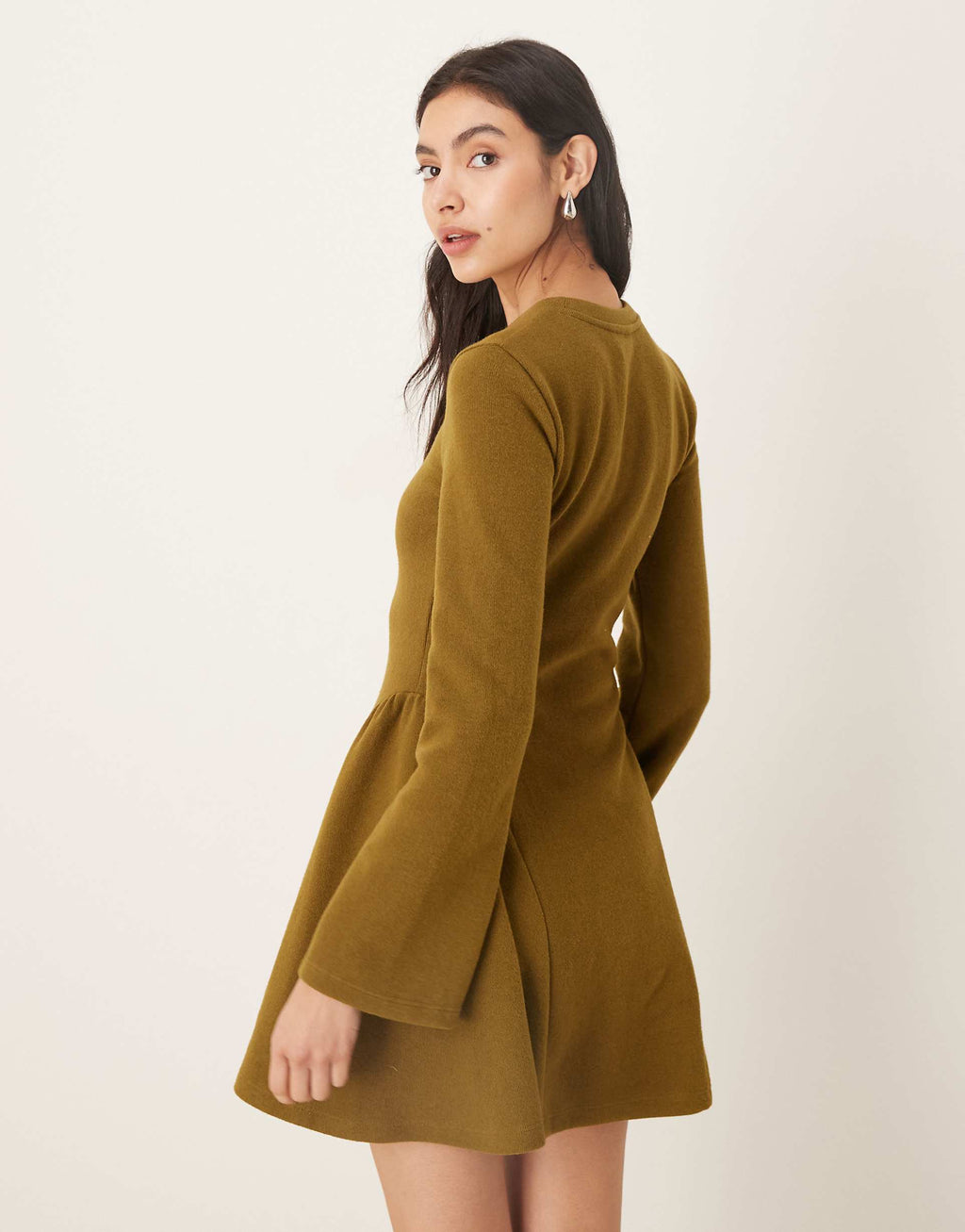 ASOS DESIGN supersoft long sleeve godet mini dress in khaki green