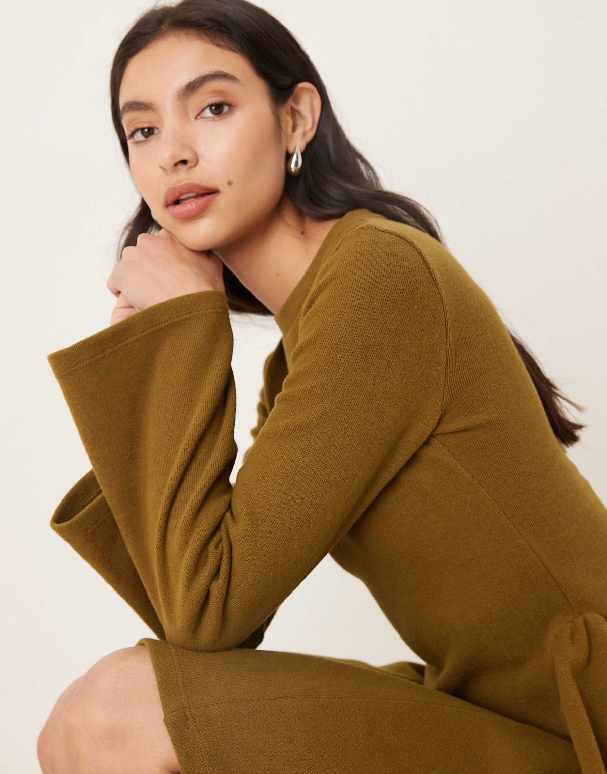 ASOS DESIGN supersoft long sleeve godet mini dress in khaki green