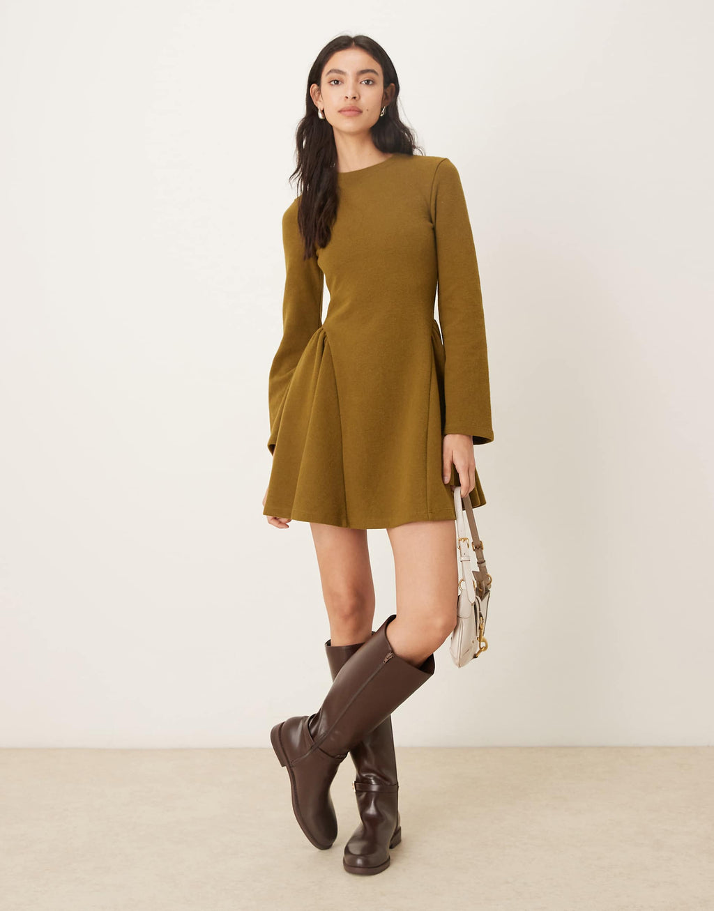 ASOS DESIGN supersoft long sleeve godet mini dress in khaki green