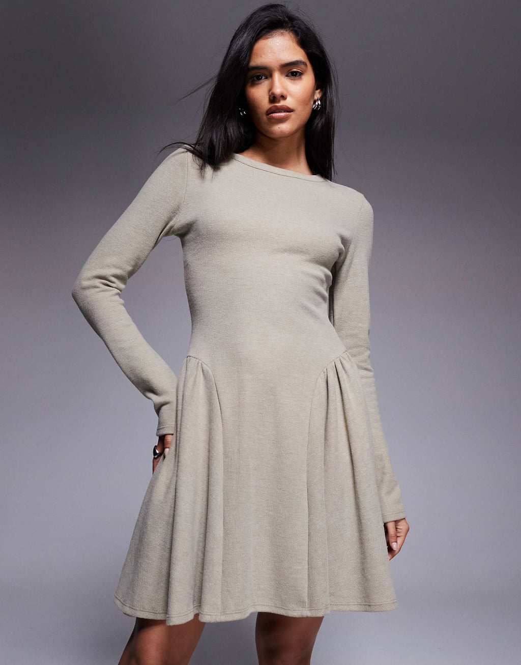 ASOS DESIGN supersoft long sleeve godet mini dress in taupe