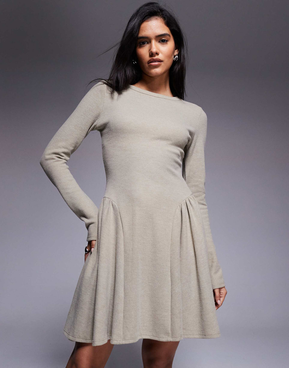 ASOS DESIGN supersoft long sleeve godet mini dress in taupe