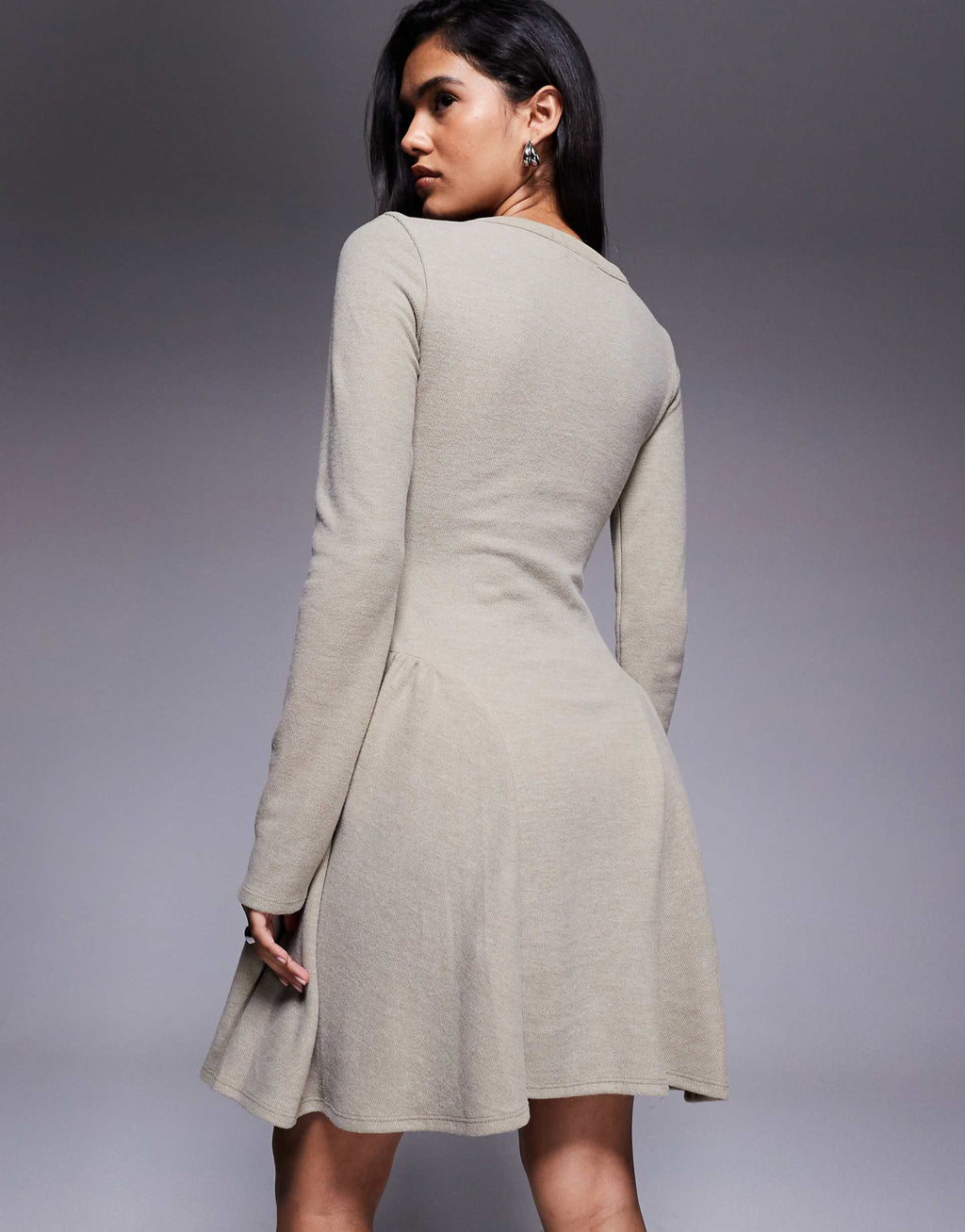 ASOS DESIGN supersoft long sleeve godet mini dress in taupe